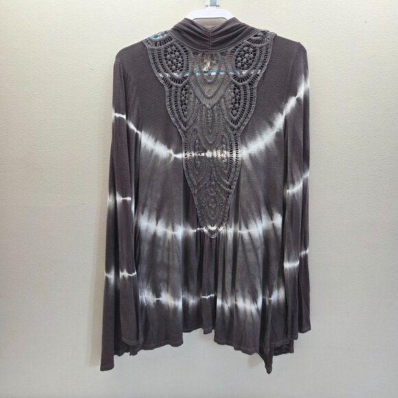 Lucie Lu Crochet Detail Open Front Waterfall Jersey Knit Cardigan Tie Dye Brown - Picture 2 of 12